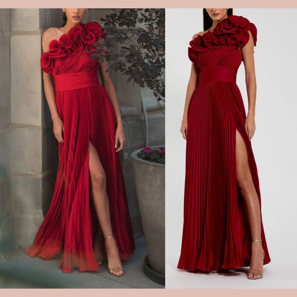 NWT MAC DUGGAL [ 8 ] 49902 Pleated‎ Charmeuse One Shoulder Ruffle Gown Red J1795
